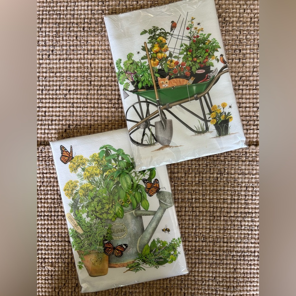 NEW dishtowels with bird and garden theme.